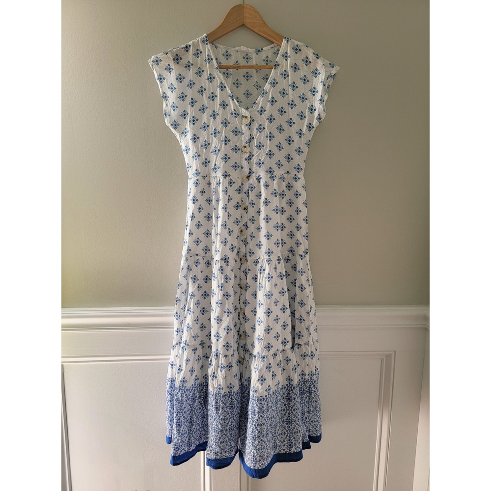 Blu Pepper Blue White Floral Button Front Tiered Midi Dress CR2101A Womens Med